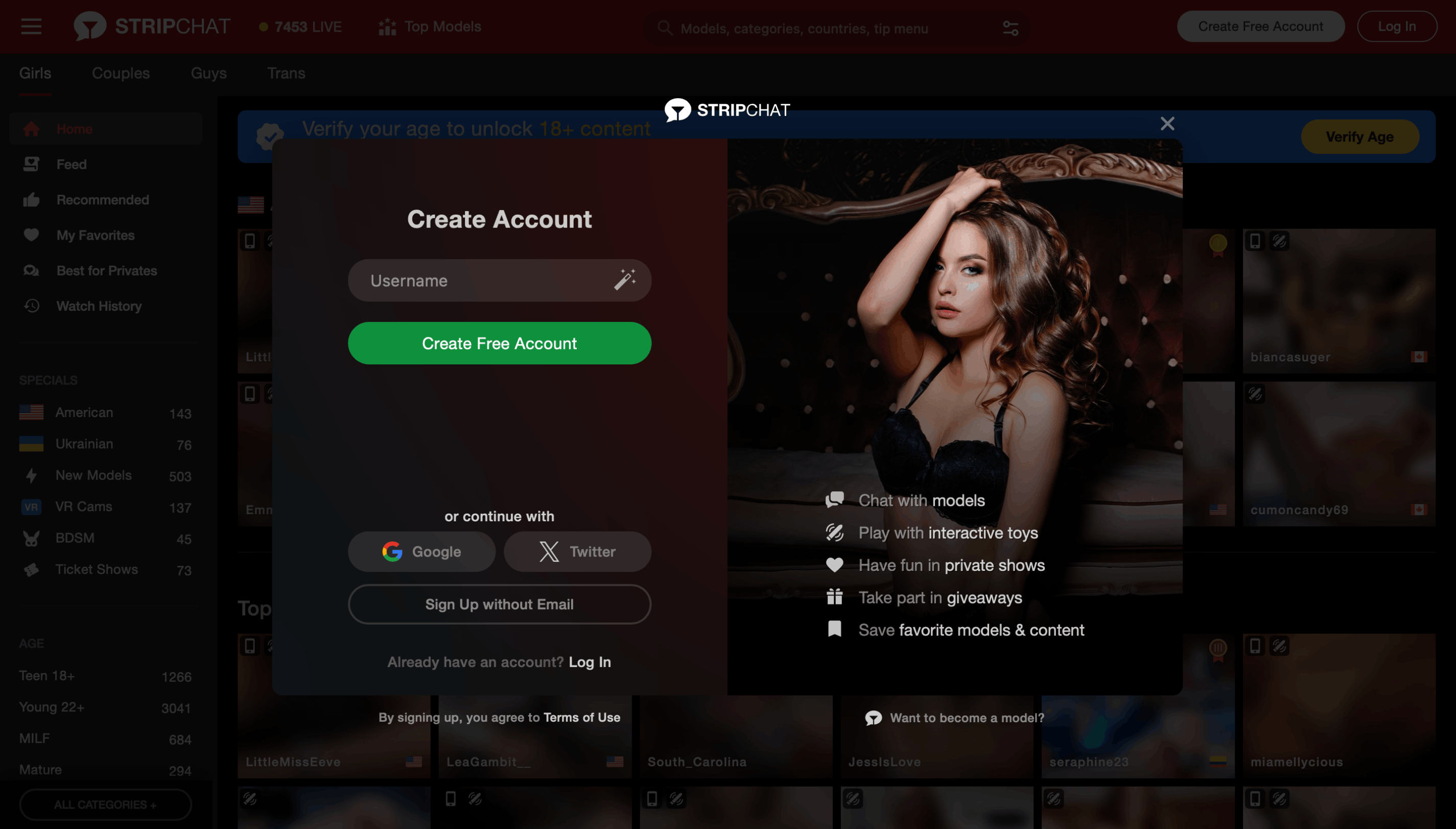 Stripchat model categories and filter options