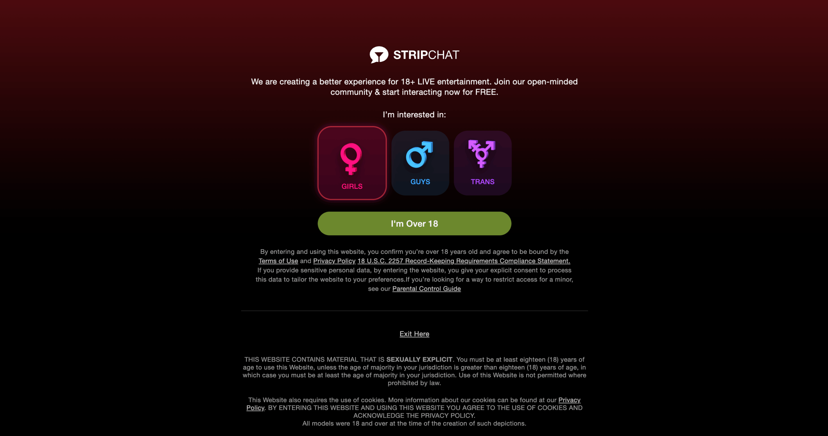Stripchat homepage interface showing live cam rooms